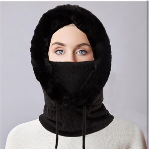 NWT Black Faux Fur Hooded Scarf ski mask baklava neck gaiter